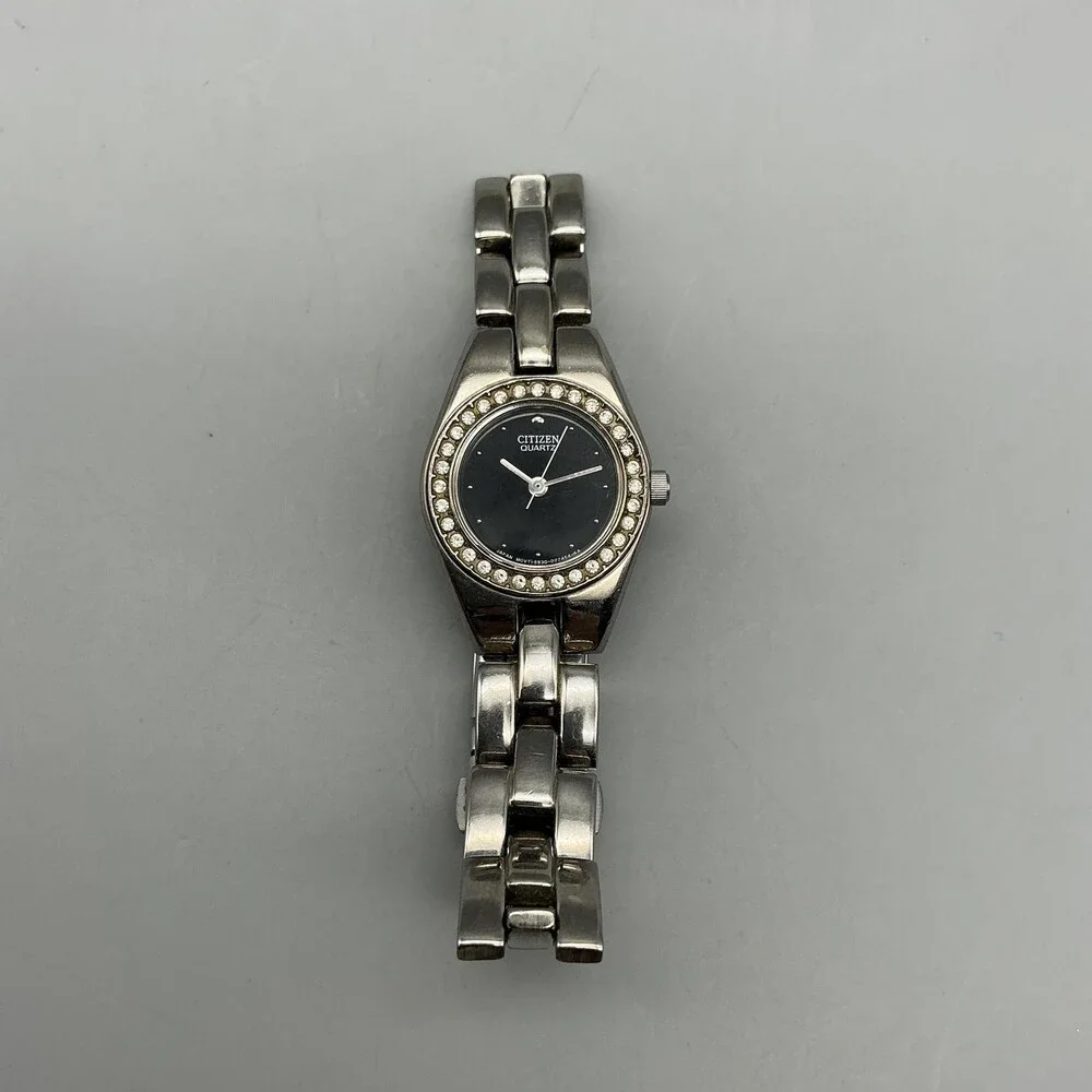 Citizen Quartz Womens Watch 21mm Black Silver Tone Crystals New Battery 6.25